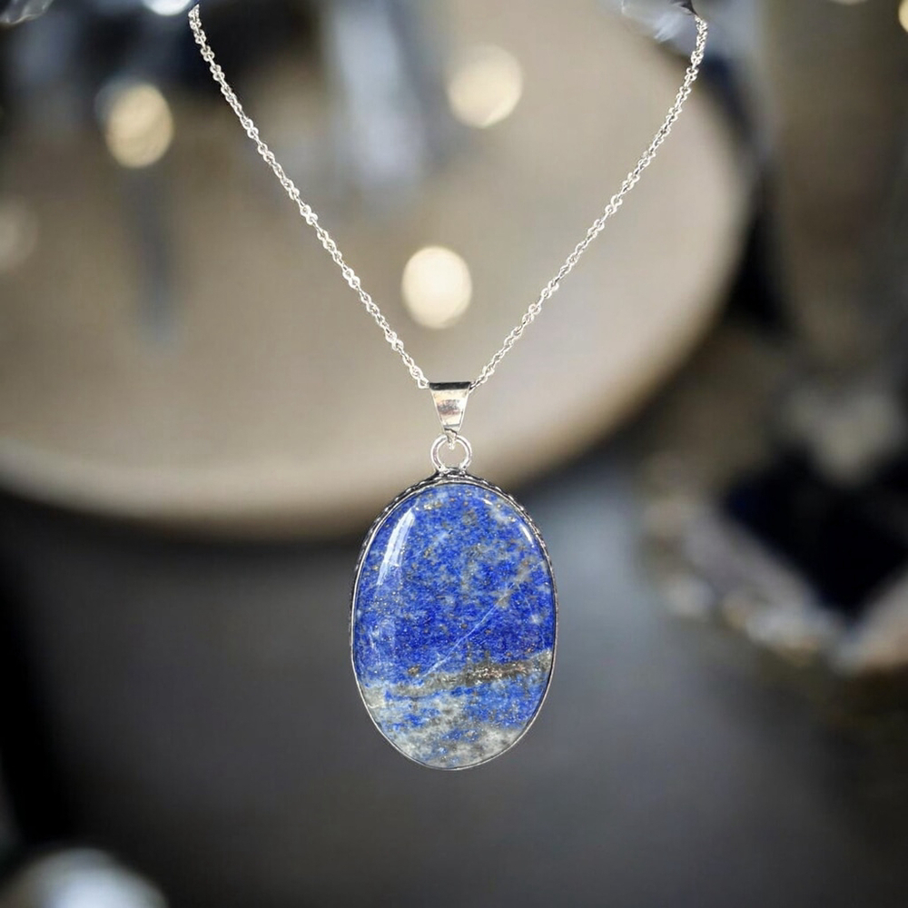 925 Silver Plated Lapis Lazuli 2" Pendant Semi-Precious Jewelry NWT - Picture 3 of 5